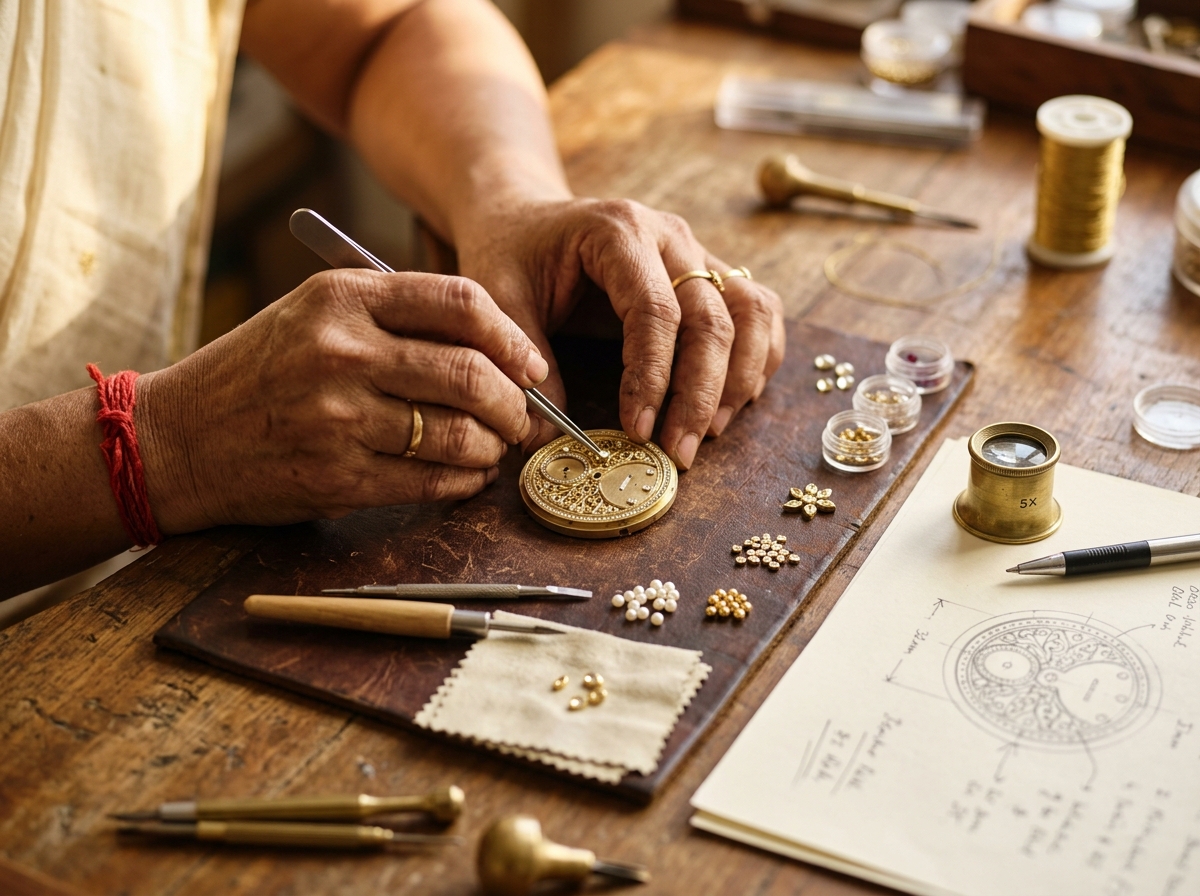 Master artisan examining Rakhi components with precision tools