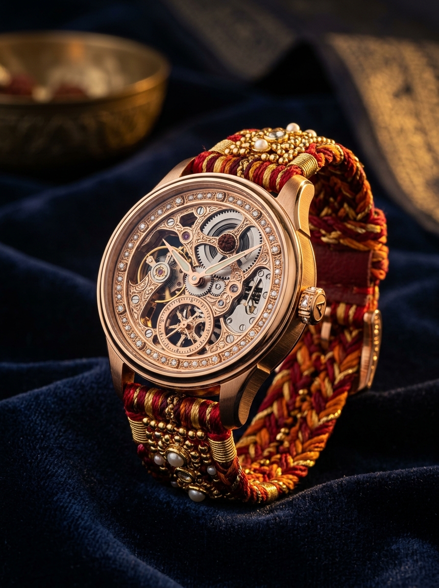 SUTRA luxury timepiece crafted from a sacred Rakhi thread — skeleton dial with kundan stones and silk cord strap