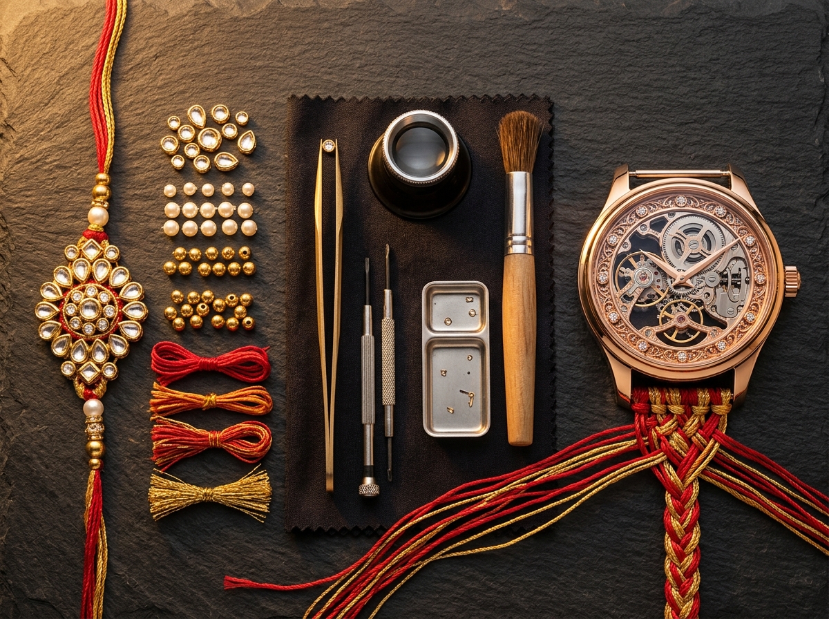 Dismantled Rakhi elements and watchmaking tools alongside the emerging timepiece