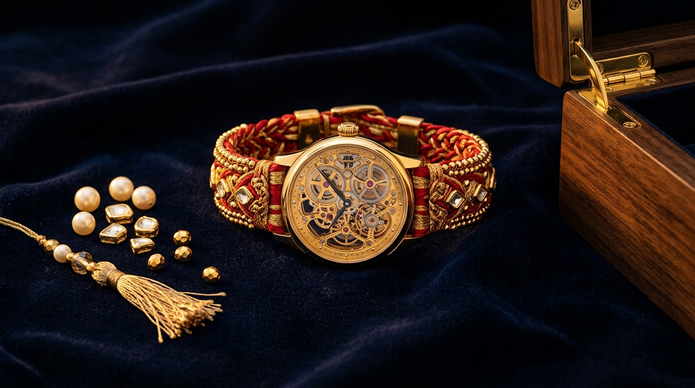 SUTRA luxury Rakhi timepiece with skeleton dial on velvet alongside kundan stones and collector's box