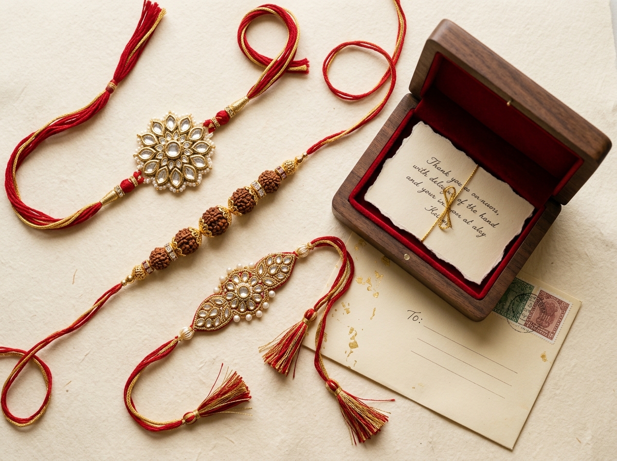Sacred Rakhi carefully packaged for insured postal delivery